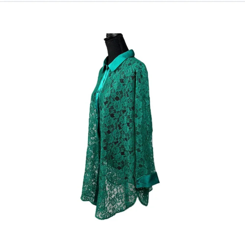 VICTORIA'S SECRET | Vtg GOLD Label Sheer Green Lace Sleep Shirt 80s 90s Sz M/L - Picture 6 of 16